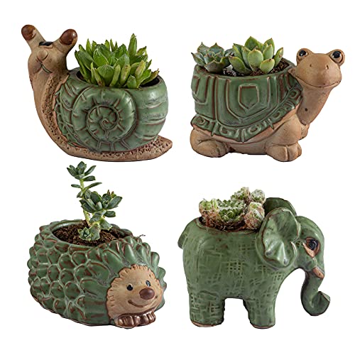 Small Succulent Pots with Drainage, Ceramic Animal Planter, Indoor Plant Pots, Cute Cactus/Bonsai Small Flower Pots for Home Decor and Office Desk Decoration, A Set of 4 Pieces is Suitable as A Gift