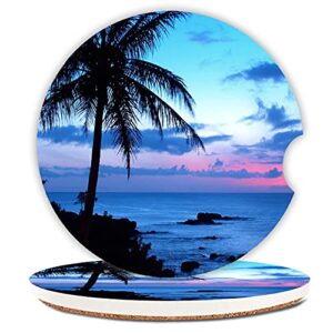 ceramic cup holders car coasters for women/men,absorbent drink cup car holder coasters with a finger notch 2.56" pack of 2,tropical ocean beach scene with palm trees