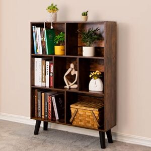 leyaoyao cube bookshelf 3 tier mid-century modern bookcase with legs,retro wood bookshelves storage organizer shelf,freestanding open book shelves,rustic brown bookcases for bedroom,living room,office