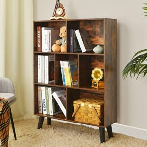 LEYAOYAO Cube Bookshelf 3 Tier Mid-Century Modern Bookcase with Legs,Retro Wood Bookshelves Storage Organizer Shelf,Freestanding Open Book Shelves,Rustic Brown Bookcases for Bedroom,Living Room,Office