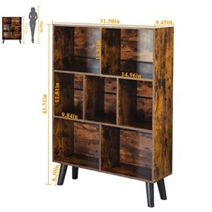LEYAOYAO Cube Bookshelf 3 Tier Mid-Century Modern Bookcase with Legs,Retro Wood Bookshelves Storage Organizer Shelf,Freestanding Open Book Shelves,Rustic Brown Bookcases for Bedroom,Living Room,Office