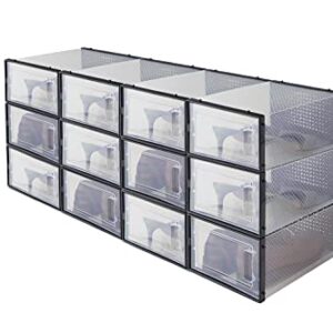 INNOVATIVE HOUSEWARES Shoe Organizer Plastic Storage Bins Clear Stackable Shoe Boxes Shoe and Sneaker Storage Pack of 12 (Transparent Black)