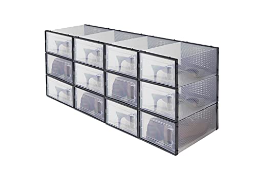 INNOVATIVE HOUSEWARES Shoe Organizer Plastic Storage Bins Clear Stackable Shoe Boxes Shoe and Sneaker Storage Pack of 12 (Transparent Black)