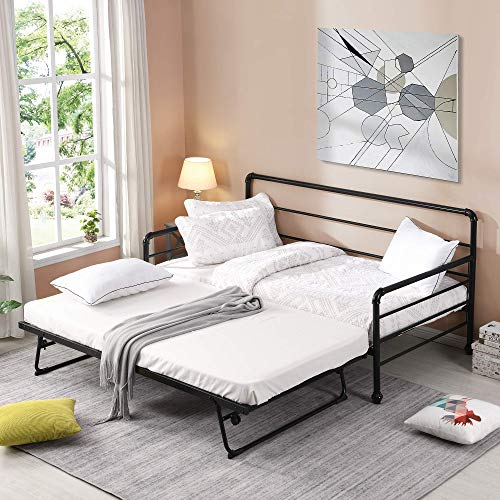 Merax Daybed with Pop Up Trundle, Twin Metal Sofa Bed with Adjustable Trundle Steel Daybed for Bedroom Guest Room,Black