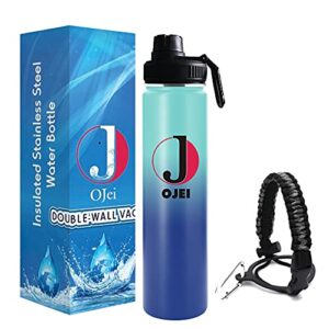 ojei stainless steel vacuum insulated water bottle with paracord handle for sports w/lid (sky blue / navy blue, 24oz)