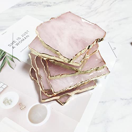 Rose Quartz Decor Coaster, Natural Pink Crystal Coasters Gold Edge Set of 4 (Square 3.5''-4)