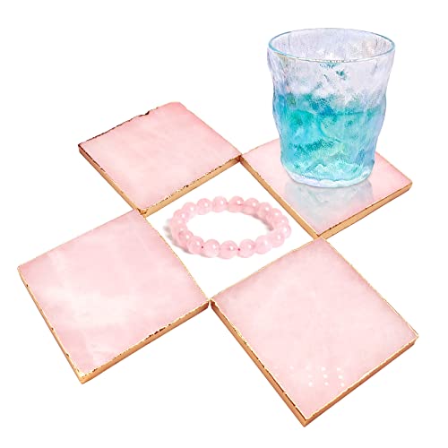 Rose Quartz Decor Coaster, Natural Pink Crystal Coasters Gold Edge Set of 4 (Square 3.5''-4)