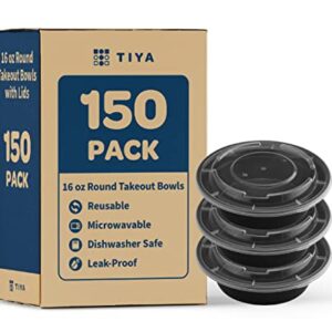 TIYA Takeout Food Containers - 16 oz Bulk 150 Pack with Lids - Plastic Food Storage To-Go Round Bowls - Reusable Microwavable Dishwasher Safe - Leak Proof and Great for Meal Prep