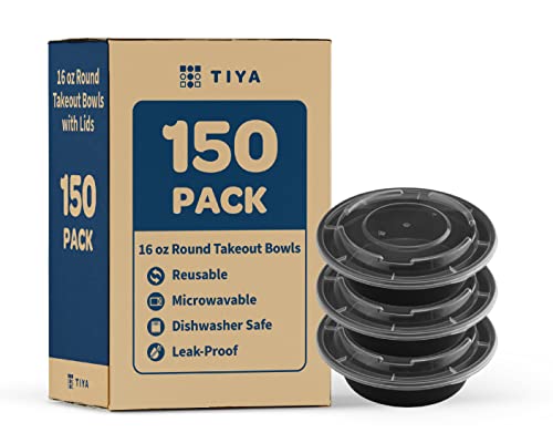 TIYA Takeout Food Containers - 16 oz Bulk 150 Pack with Lids - Plastic Food Storage To-Go Round Bowls - Reusable Microwavable Dishwasher Safe - Leak Proof and Great for Meal Prep