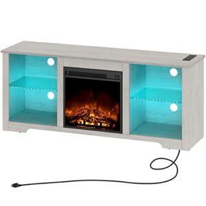 rolanstar fireplace tv stand with led lights and power outlets, tv console for 43" 50" 55" 60" 65", entertainment center with adjustable glass shelves, white