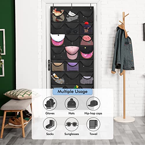 Melpler Hat Rack Hat Organizer,Hat Racks for Baseball Caps,Hat Organizer for Baseball Caps,Hat Storage Organizer with 24 Clear Deep Pockets,Hat Rack for Wall/Door with Door Hooks(Black)