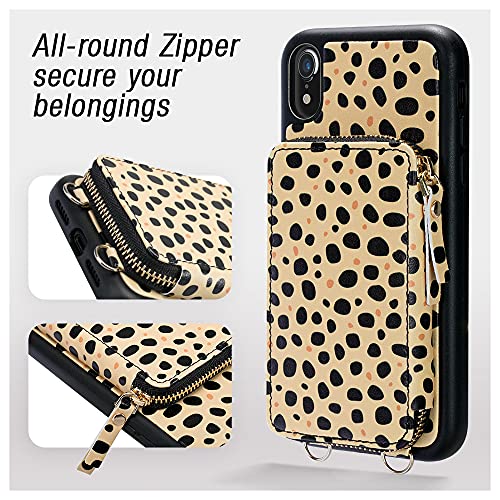 iPhone XR Crossbody Case, iPhone XR Wallet Case, ZVEdeng Zipper Wallet Card Holder Case Crossbody Chain Wrist Strap for Women Leather Purse Shockproof Case for iPhone XR 6.1'' Cheetah Print Skin