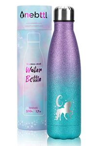 unicorn stainless steel water bottle, unicorn gifts, unicorn party supplies, double wall vacuum insulated thermo bottle glitter purple 17oz/500ml - initial c
