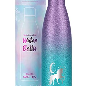 Unicorn Stainless Steel Water Bottle, Unicorn Gifts, Unicorn Party Supplies, Double Wall Vacuum Insulated Thermo Bottle Glitter Purple 17oz/500ml - Initial C