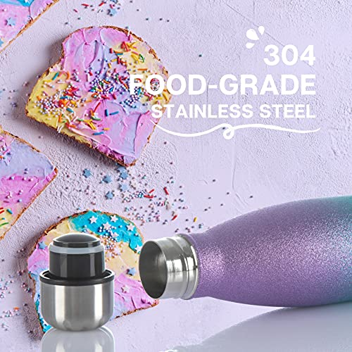 Unicorn Stainless Steel Water Bottle, Unicorn Gifts, Unicorn Party Supplies, Double Wall Vacuum Insulated Thermo Bottle Glitter Purple 17oz/500ml - Initial C