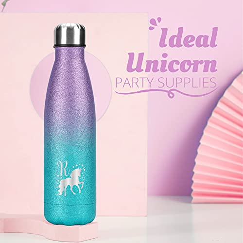 Unicorn Stainless Steel Water Bottle, Unicorn Gifts, Unicorn Party Supplies, Double Wall Vacuum Insulated Thermo Bottle Glitter Purple 17oz/500ml - Initial C