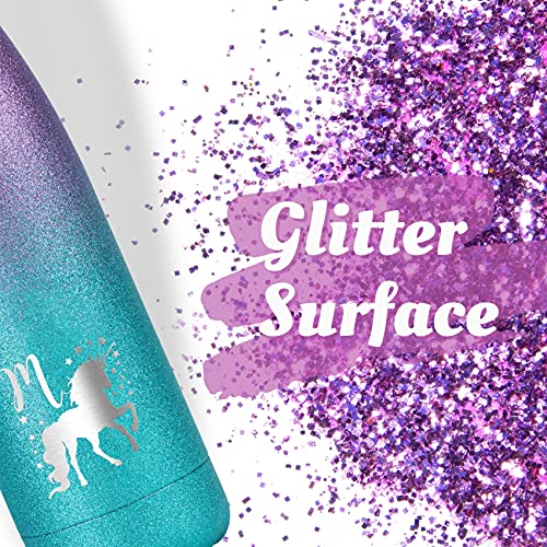 Unicorn Stainless Steel Water Bottle, Unicorn Gifts, Unicorn Party Supplies, Double Wall Vacuum Insulated Thermo Bottle Glitter Purple 17oz/500ml - Initial C