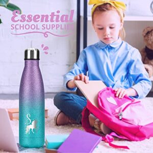 Unicorn Stainless Steel Water Bottle, Unicorn Gifts, Unicorn Party Supplies, Double Wall Vacuum Insulated Thermo Bottle Glitter Purple 17oz/500ml - Initial C