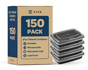tiya takeout food containers - 28 oz bulk 150 pack with lids - rectangular plastic food storage - reusable microwavable dishwasher safe restaurant set - leak proof for to-go & meal prep