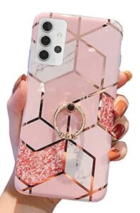 qokey compatible for samsung galaxy a32 5g case(not fit a32 4g),bling cute flower marble 360°ring holder kickstand soft tpu shockproof girls women cover designed for galaxy a32 5g 6.5" rhombic marble