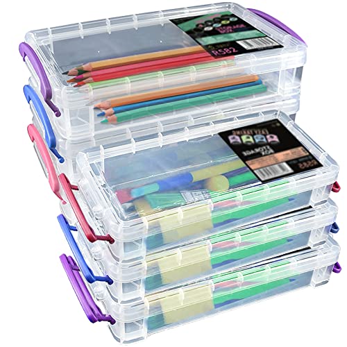 Odowalker 6 Pack Large Capacity Pencil Box with Buckles Office Supplies Storage Organizer Box Stackable Clear Pen Container Brush Painting Pencils Storage Box Drawing Tools for Kids