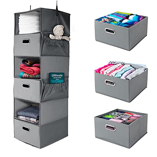 Closet Organizer Hanging Shelves, 6 Shelf Closet Storage with 5 Storage Drawers & Purpose Made Pockets, Jewelry Shoe Organizer Drawer Organizers, Perfect for Organization and Storage (Light Grey)