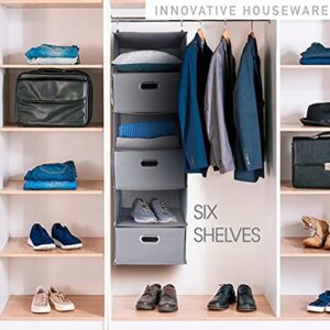 Closet Organizer Hanging Shelves, 6 Shelf Closet Storage with 5 Storage Drawers & Purpose Made Pockets, Jewelry Shoe Organizer Drawer Organizers, Perfect for Organization and Storage (Light Grey)