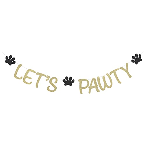 Gold Glitter Let's Pawty Banner Pet Dog Cat Birthday Party Paper Sign Dog Paw Photo Prop Cut Party Decorations