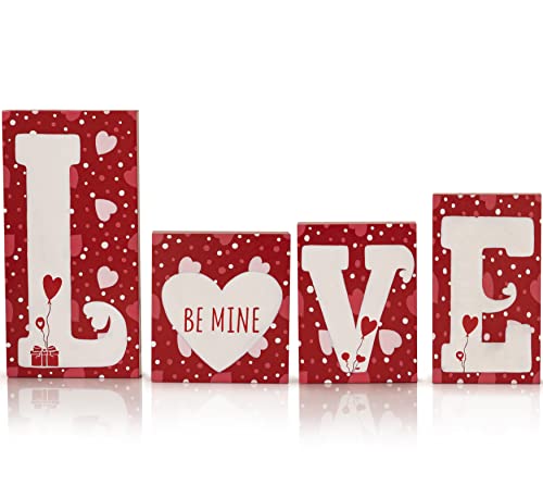 Ornativity Red Wooden Love Blocks - Valentine's Day Romantic Heart Wood Letters Block Decoration Sign with Hearts for Mantel Shelf over Fireplace, Table Top, Home and Office