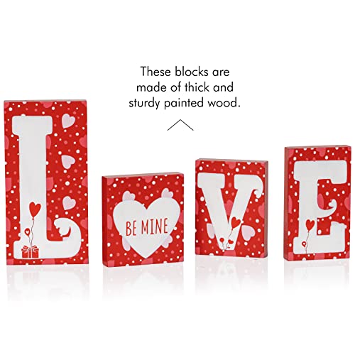 Ornativity Red Wooden Love Blocks - Valentine's Day Romantic Heart Wood Letters Block Decoration Sign with Hearts for Mantel Shelf over Fireplace, Table Top, Home and Office