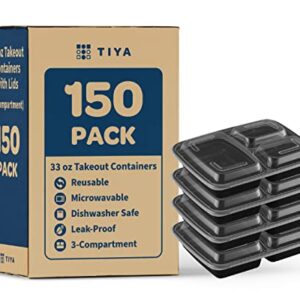 TIYA Takeout Food Containers - 33 oz Bulk 150 Pack with Lids - Plastic Compartment Storage To-Go Boxes - Reusable, Microwavable, Dishwasher Safe - Leak Proof for Restaurants and Meal Prep