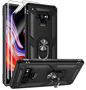 samsung note 9 phone case, galaxy note 9 case with 3d pet screen protector, androgate military-grade ring holder kickstand car mount 15ft drop tested shockproof cover case for galaxy note 9, black