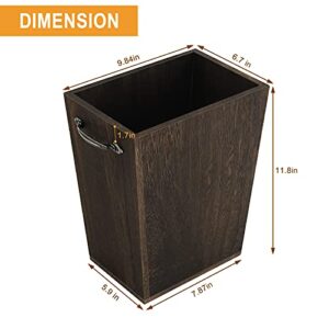 Wood Trash Can, Rustic Farmhouse Style Wastebasket Small Square Garbage Bin with Metal Handle for Living Room Bedroom Bathroom Office (Brown)