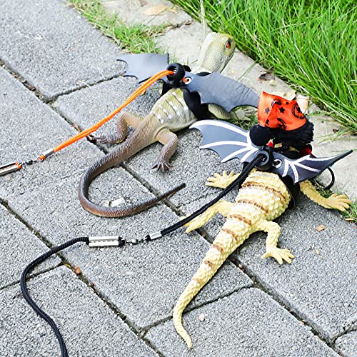 Xuniea 2 Sets Halloween Thanksgiving Bearded Dragon Lizard Leash Harness Hat Set with Halloween Pumpkin Hat, Reptile Harness Leash Black Hat Bowtie Set for Bearded Dragon Lizard Reptile Clothes