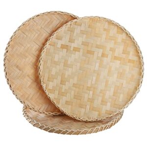 suwimut 3 pieces handmade bamboo woven basket tray, 13 inch flat wicker round fruit basket woven food storage shallow tray decorative serving tray wall hanging baskets for breakfast, snacks (beige)