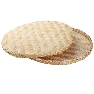 Suwimut 3 Pieces Handmade Bamboo Woven Basket Tray, 13 Inch Flat Wicker Round Fruit Basket Woven Food Storage Shallow Tray Decorative Serving Tray Wall Hanging Baskets for Breakfast, Snacks (Beige)