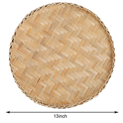 Suwimut 3 Pieces Handmade Bamboo Woven Basket Tray, 13 Inch Flat Wicker Round Fruit Basket Woven Food Storage Shallow Tray Decorative Serving Tray Wall Hanging Baskets for Breakfast, Snacks (Beige)