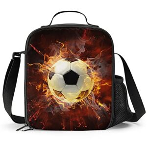 prelerdiy fire soccer lunch box - insulated lunch bag for kids with side pocket & shoulder strap snack bags, perfect for school/camping/hiking/picnic/beach/travel