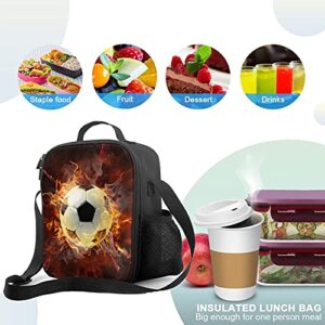 PrelerDIY Fire Soccer Lunch Box - Insulated Lunch Bag for Kids with Side Pocket & Shoulder Strap Snack Bags, Perfect for School/Camping/Hiking/Picnic/Beach/Travel