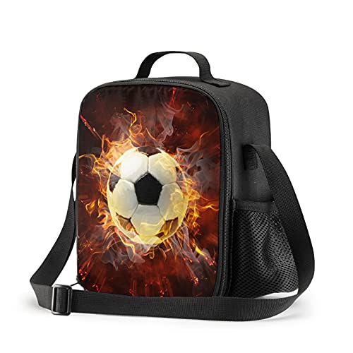 PrelerDIY Fire Soccer Lunch Box - Insulated Lunch Bag for Kids with Side Pocket & Shoulder Strap Snack Bags, Perfect for School/Camping/Hiking/Picnic/Beach/Travel