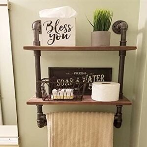 Industrial Pipe Shelf,20in Metal Towel Racks for Bathroom,2-Layer Industrial Pipe Floating Shelves Shelving,Rustic Wood Wall Mount Shelf with Towel Bar,Iron Towel Holder