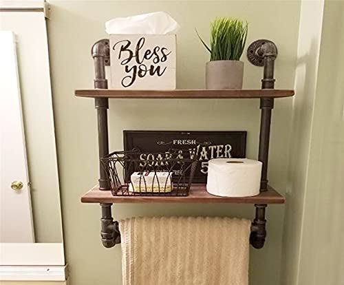 Industrial Pipe Shelf,20in Metal Towel Racks for Bathroom,2-Layer Industrial Pipe Floating Shelves Shelving,Rustic Wood Wall Mount Shelf with Towel Bar,Iron Towel Holder