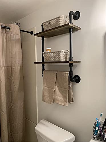 Industrial Pipe Shelf,20in Metal Towel Racks for Bathroom,2-Layer Industrial Pipe Floating Shelves Shelving,Rustic Wood Wall Mount Shelf with Towel Bar,Iron Towel Holder