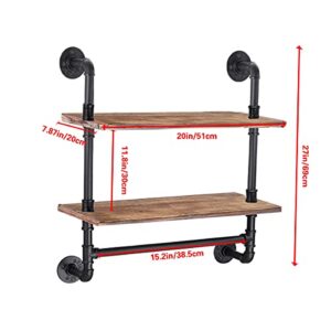 Industrial Pipe Shelf,20in Metal Towel Racks for Bathroom,2-Layer Industrial Pipe Floating Shelves Shelving,Rustic Wood Wall Mount Shelf with Towel Bar,Iron Towel Holder