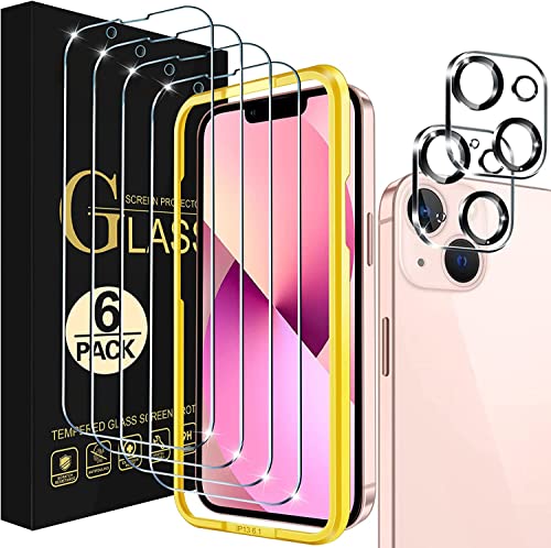 ivoler [4+2 Pack] Tempered Glass for iPhone 13 6.1 inch [4 Pack] with [2 Pack] Camera Lens Screen Protector with [Alignment Frame], Anti-Scratch Case Friendly Transparent HD Clear Film