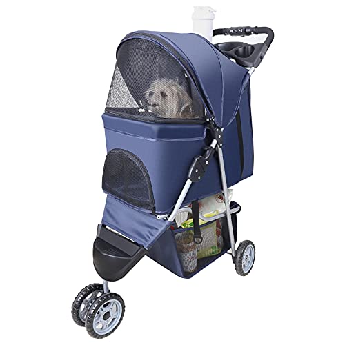 Pet Strollers for Small Medium Dogs & Cats, 3-Wheel Dog Stroller Folding Flexible Easy to Carry for Jogger Jogging Walking Travel with Sun Shade Cup Holder Mesh Window (Dark Blue)