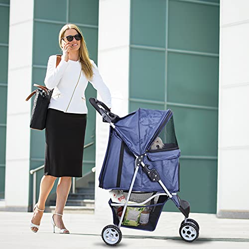 Pet Strollers for Small Medium Dogs & Cats, 3-Wheel Dog Stroller Folding Flexible Easy to Carry for Jogger Jogging Walking Travel with Sun Shade Cup Holder Mesh Window (Dark Blue)