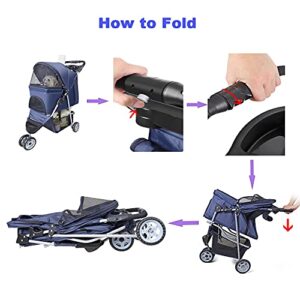 Pet Strollers for Small Medium Dogs & Cats, 3-Wheel Dog Stroller Folding Flexible Easy to Carry for Jogger Jogging Walking Travel with Sun Shade Cup Holder Mesh Window (Dark Blue)