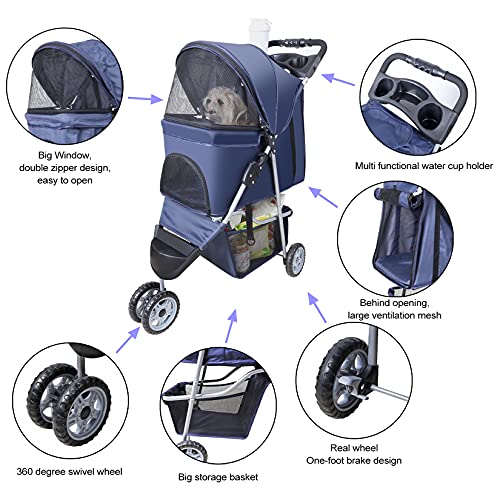 Pet Strollers for Small Medium Dogs & Cats, 3-Wheel Dog Stroller Folding Flexible Easy to Carry for Jogger Jogging Walking Travel with Sun Shade Cup Holder Mesh Window (Dark Blue)