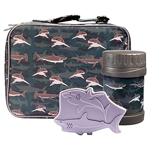 Kids Lunch Bag Set (Sharks) w Reusable Hard Ice Pack & Double-Insulated Food Jar for Drinks or Soups - Perfect Lunchbox Kits for Boys and Girls Back to School, Keeps Food Hot or Cold for Longer